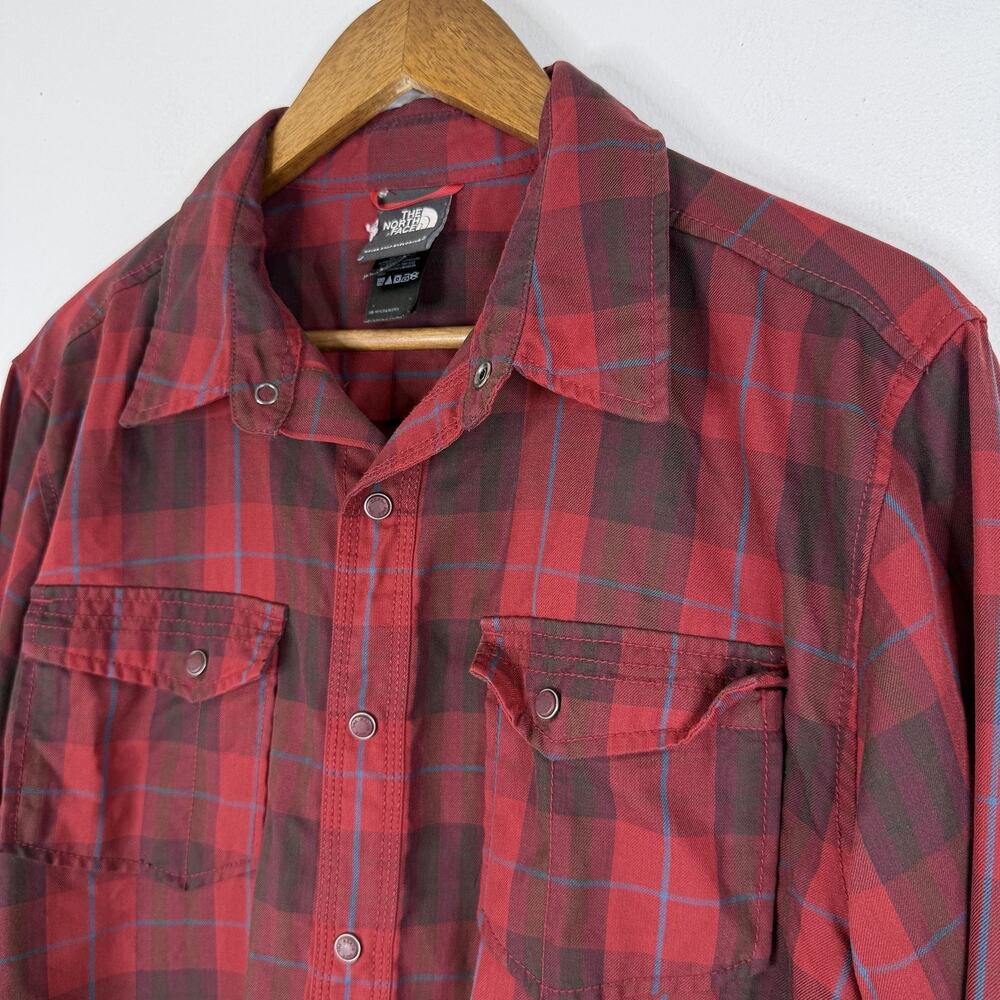 North Face Shirt Large Red Plaid Long Sleeve Snap Button Up Outdoor Mens